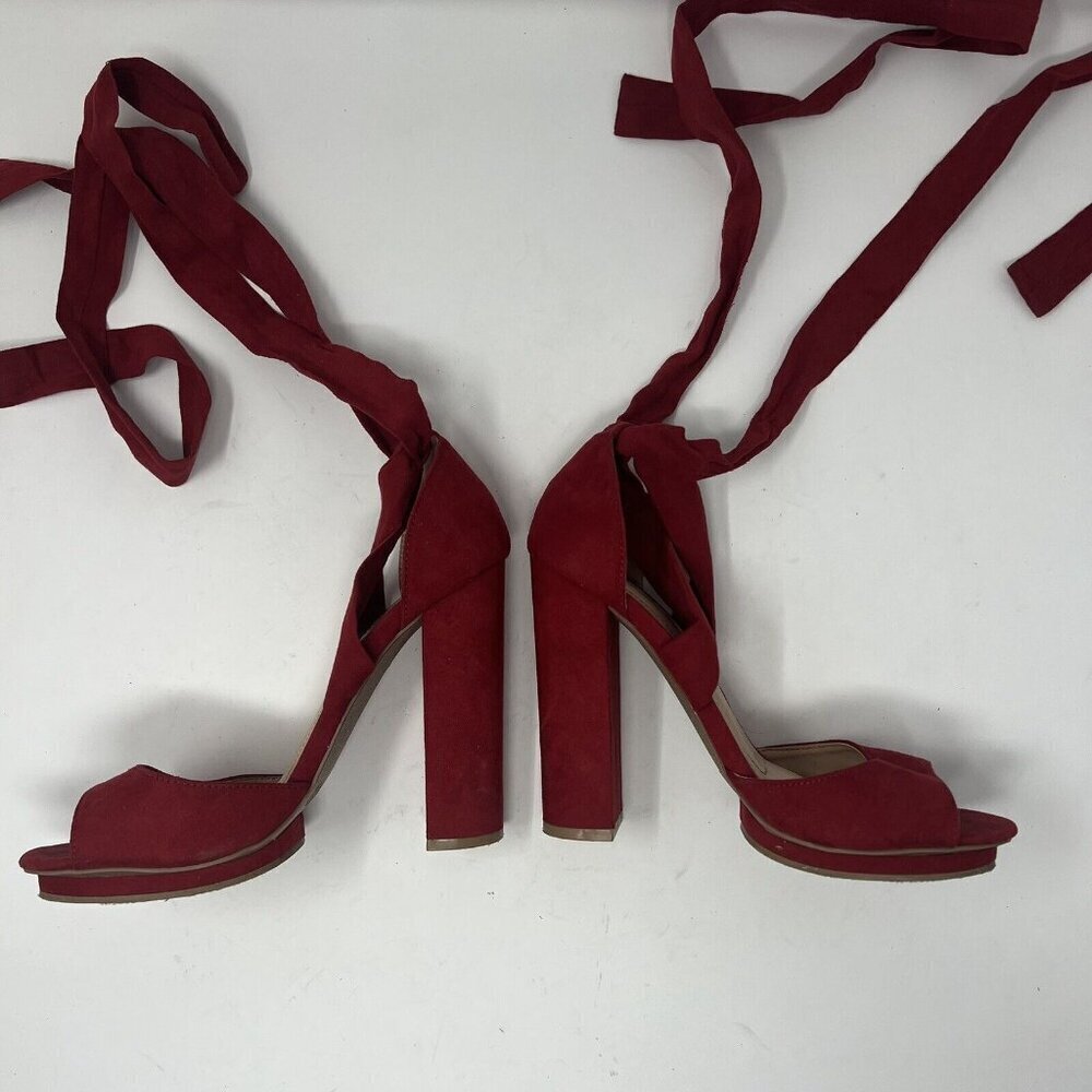 Lulus Size 5.5 Dorian Red Suede Lace-Up Balletcore Valentine’s Day - Picture 5 of 10